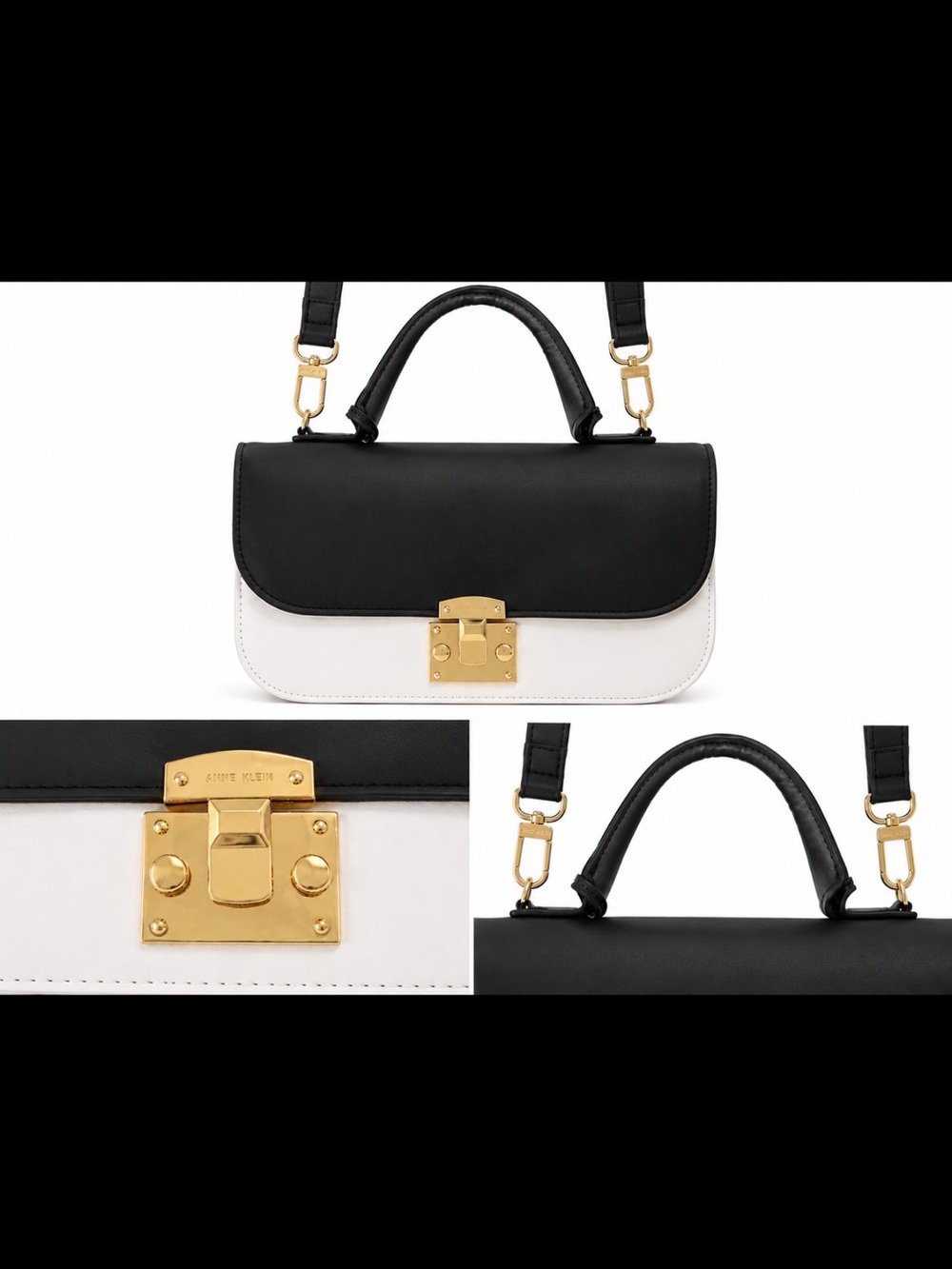Anne Klein Two-Tone Black & White Leather Satchel with Gold Hardware